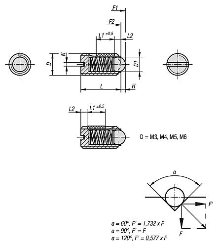 Federndes Druckstück Standard Federkraft M03 L=7 Stahl, LONG-LOK, Komp: Kugel aus Stahl - K0321.03 - gibt’s bei HUG Technik ✓