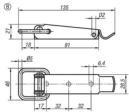 Zeichnung Spannverschluss, Form: B Edelstahl, mit Spannbügel - K0045.2641352 - gibt’s bei HUG Technik ✓