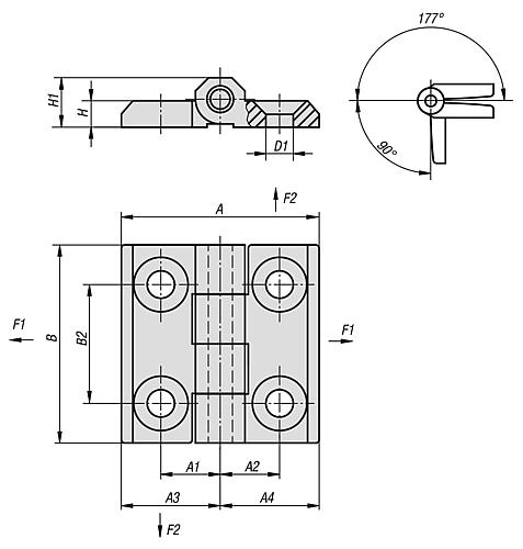 Scharnier gestrahlt Edelstahl, A3=30, A4=30, A1=18, A2=18 - K1085.083018181 - bekommst Du bei HUG Technik ♡