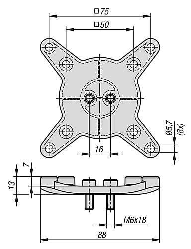 Zeichnung Monitorhalterung Anschlussplatte Vesa Gr.50/75, Aluminium - K1510.5075 - bekommst Du bei HUG Technik ♡