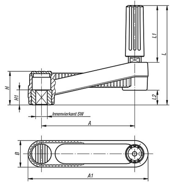 Handkurbel Innenvierkant Gr.1 A=80 L=85,5 Thermoplast, drehbar, Komp:Thermoplast - K0659.4108 - bei HUG Technik ✓