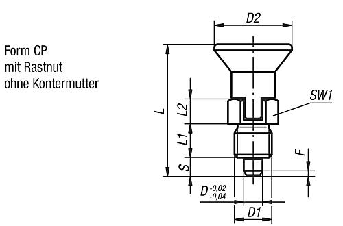 Arretierbolzen kurze Ausführung mit Gewindesicherung Gr.0 M08X1, D=4, Form: CP mit Rastnut ohne Kontermutter - K1097.197004 - bei HUG Technik ♡