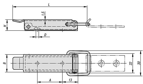 Spannverschluss DIN3133 mit Spannbügel, Anschraubbohrung verdeckt 70x18x12, A=22, D=4, Edelstahl 1.4301 - K1336.350742 - bei HUG Technik ☆