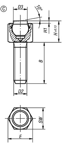 Zeichnung Pendelauflage mit O-Ring M06X12, Form:C Vergütungsstahl, verstellbar, Komp:Werkzeugstahl, SW=10 - K0288.106X012 - gibt’s bei HUG Technik ✓