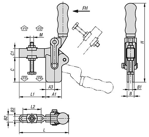 Zeichnung Schnellspanner schwere Ausführung L=84 Stahl, Fuß senkrecht, Komp: Kunststoff, Komp: rot, F2=6000 - K1245.06000 - bei HUG Technik ✓