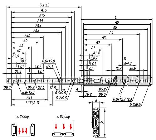 Teleskopschiene L=1016 19,1X76,2, Vollauszug S=1016, Fp=237, Stahl verzinkt, Montage seitlich, Einzeln - K1720.1016 - bei HUG Technik ✓