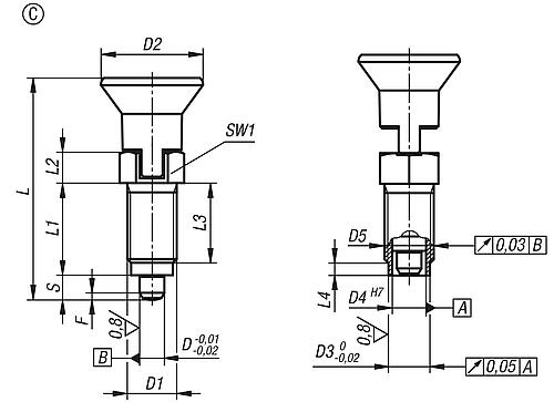 Arretierbolzen Premium mit zyl. Arretierstift Gr.1 M10X1, D=5, Form: C mit Rastnut ohne Kontermutter - K0736.403105 - bei HUG Technik ☆