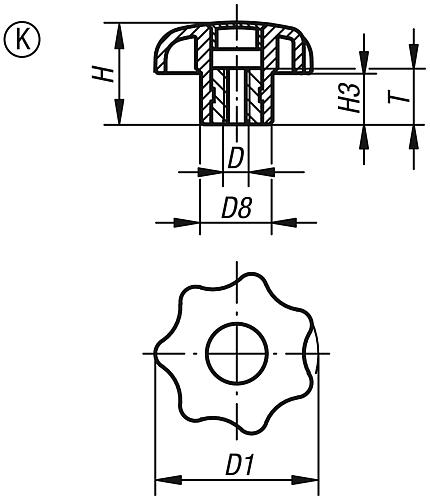 Sterngriff M05 D1=25, Form: K Thermoplast, schwarz, Komp: Edelstahl, Komp: gelb RAL1021 - K0154.2057 - bei HUG Technik ✭