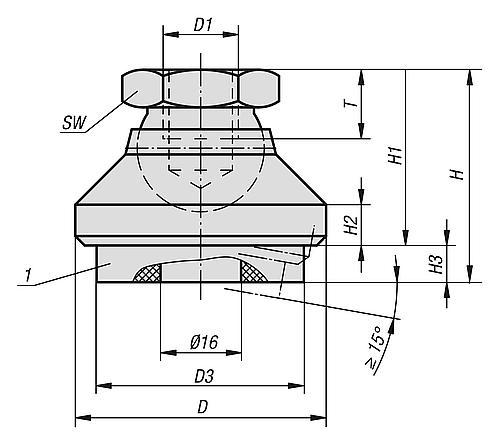 Zeichnung Gelenkteller schwingungsdämpfend M10 Edelstahl, D2=32 - K0420.310 - bei HUG Technik ☆