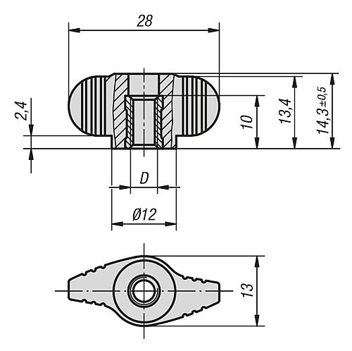 Flügelgriff Miniwing M05, Form: D Thermoplast, schwarz RAL7021, Innengewinde durchgehend, Komp: Stahl - K0658.1005 - erhältlich bei ✭ HUG Technik ✓