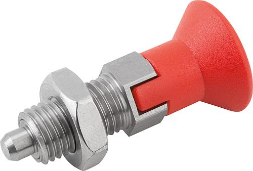 Arretierbolzen Gr.0 M08X1, D=4, Form: D mit Rastnut mit Kontermutter, Edelstahl ungehärtet, Komp: Thermoplast Komp: rot - K0338.1400484 - direkt von HUG Technik ✓