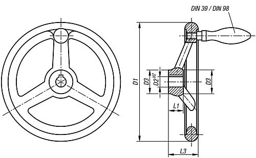 Handrad DIN950, D1=160 Passbohrung D2=14H7, Aluminium, Komp: Aluminium, Ballengriff drehbar - K0160.4160X14 - direkt von HUG Technik ✓