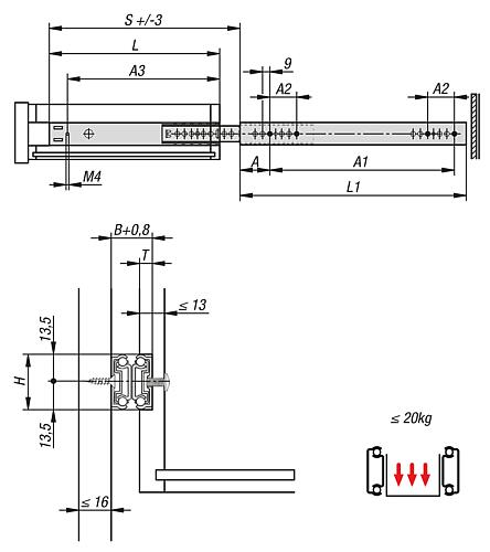 Zeichnung Teleskopschiene L=197 19,4X27, Überauszug S=274, Fp=20, Stahl verzinkt, Nut Montage, 1 Stück - K1568.0197 - bekommst Du bei HUG Technik ♡