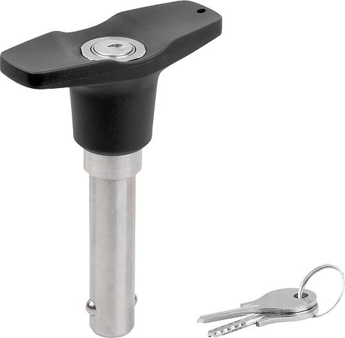 Kugelsperrbolzen abschließbar mit T-Griff, D1=8, L=20, Edelstahl 1.4305, Komp:Thermoplast schwarzgrau RAL7021 - K1804.208208020