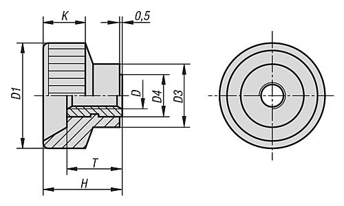 Zeichnung Rändelmutter M04 Kunststoff, Komp:Messing - K0138.04 - erhältlich bei ✭ HUG Technik ✓