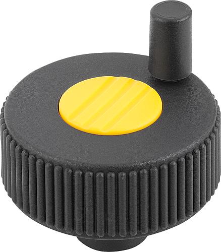 Rändelrad mit GRIFF Gr.1 D1=6, Form:M Thermoplast, schwarz RAL7021, Komp: Stahl, Komp: gelb RAL1021, D=40 - K0262.11067 - bei HUG Technik ♡