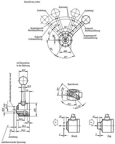 Zeichnung Spannelement ACTIMA mit Querachse Stahl, links/Druck - K0020.20 - bei HUG Technik ✭