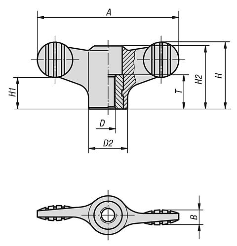 Flügelgriff M04, A=38, Form: D Thermoplast, schwarz RAL7021, Innengewinde durchgehend, Komp: Edelstahl - K0274.10904 - bei HUG Technik ✭