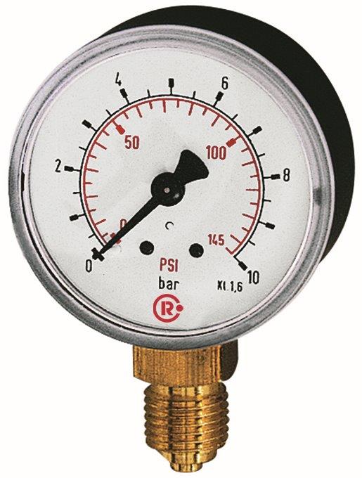 Standardmanometer, G 1/4 radial unten, 0 - 10,0 bar/145 psi, ø 50 mm, Kunststoffgehäuse - gibt’s bei HUG Technik ✓