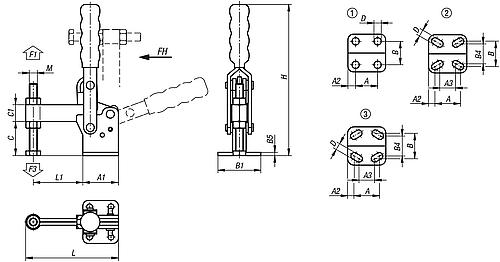 Schnellspanner vertikal Standard, Fuß waagrecht F1=1500, feste Andruckspindel, Stahl verzinkt und passiviert - K1438.01500 - erhältlich bei ♡ HUG Technik ✓