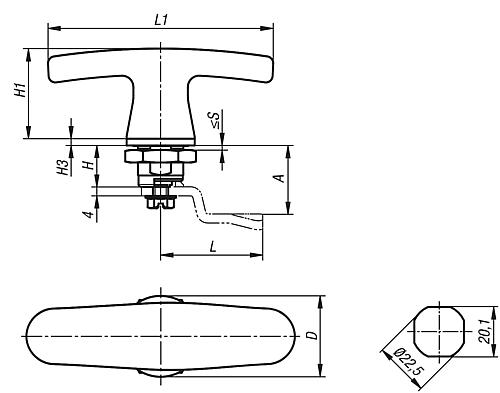 Drehriegel mit T-Griff D=30, L1=100, H=18, Edelstahl 1.4404, Komp:Silikon blau - K1452.1188 - bei HUG Technik ✭