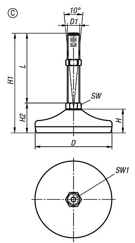 Stellfuß mit Innensechskant M10X50, Form:C Edelstahl, Komp:Gummi, D=50 - K0739.3205010X50 - bei HUG Technik ✓