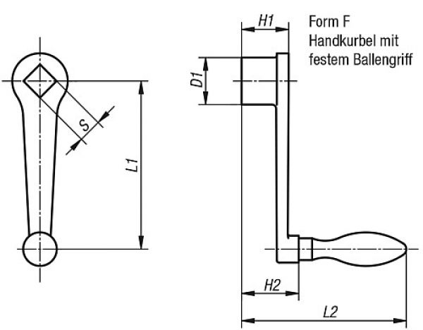 Handkurbel L2=102, Form:F Grauguss, feststehend, Komp:Grauguss, S=12 +0,2 L1=100 - K0685.110X12 - gibt’s bei ☆ HUG Technik ✓