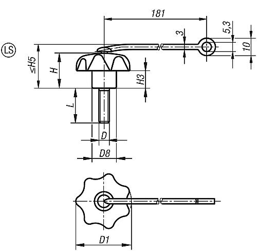 Sterngriff M10x25 D1=50, Form: LS Thermoplast, schwarz, Komp: Edelstahl, Komp: grau RAL7035 - K0154.7105X25 - bei HUG Technik ✭