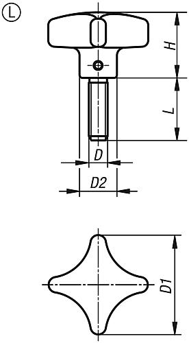 Kreuzgriff gleitgeschliffen M06X15 D1=32 H=20, Form: L Grauguss, Komp:Edelstahl - K0147.606X15 - bei HUG Technik ✭