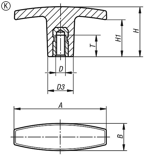 T-Griff Innengewinde M08, A=71 Thermoplast, Komp: Messing - K0180.17108 - gibt’s bei HUG Technik ✓