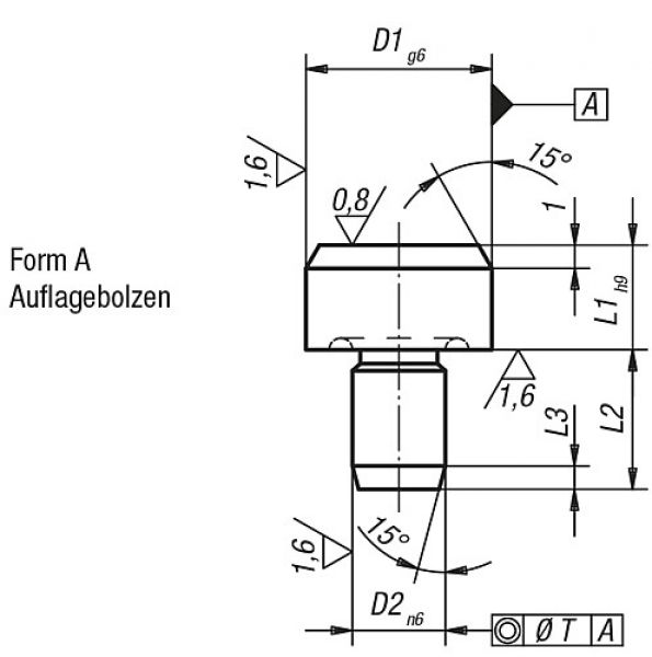 Aufnahmebolzen ohne Bohrung D1=10, Form:A Werkzeugstahl, DIN6321, D2=6 - K0293.110 - bei HUG Technik ♡