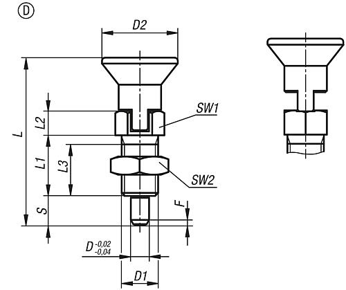 Arretierbolzen mit verl. Arretierstift Gr.1 M10x1, Form: D Edelstahl, gehärtet, Komp: Thermoplast, D=5 - K0630.204105 - direkt von HUG Technik ✓