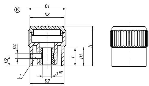 Rändelknopf mit Markierung Gr.1 D=5, Form: B Thermoplast, schwarz RAL7021, Komp: Stahl, Komp: schwarz RAL7021 - K0248.2105 - bei HUG Technik ✭