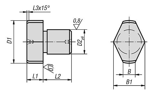 Zeichnung Positionsstift freigefräst D1=10,5 Werkzeugstahl, brüniert, D2=7 - K0355.07 - gibt’s bei HUG Technik ✓