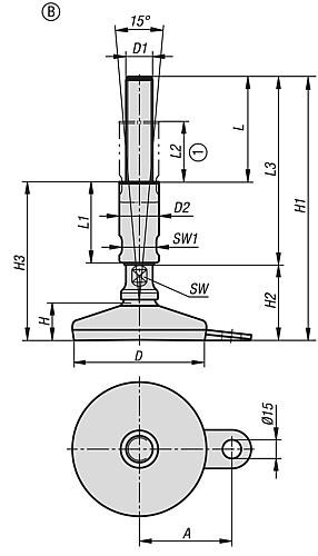 Stellfuß für Hygienebereich M16, Form:B Edelstahl, D=100 - K1303.210016X140 - bei HUG Technik ♡