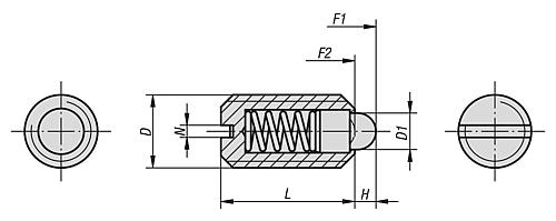 Zeichnung Federndes Druckstück Standard Federkraft M04 L=9 Stahl, Komp: Bolzen aus Stahl - K0313.04 - gibt’s bei ☆ HUG Technik ✓