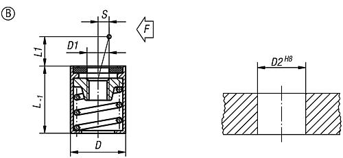 Federndes Seitendruckstück ohne Druckbolzen D=10, Form: B Aluminium, Komp: Stahl L1=12 - K0370.32054 - bei HUG Technik ✭