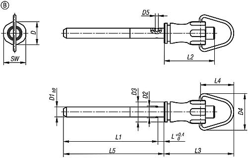 Kugelsperrbolzen mit Kopfarretierung mit Griffmulde und Ring, Form: B, D1=10, L5=100, Edelstahl 1.4305 blank - K1414.101510100 - bei HUG Technik ✓