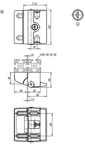 Zeichnung Fallenverschluss Form:B, Aluminium schwarz, Nicht abschließbar, BN=8/10 - K1496.200681 - bei HUG Technik ✓