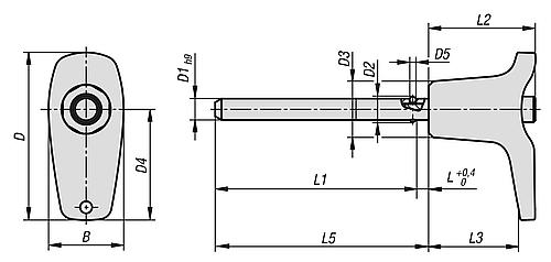 Kugelsperrbolzen mit Kopfarretierung mit L-Griff, D1=10, L5=100, Edelstahl 1.4305 blank, Komp: Thermoplast - K1415.103510100 - erhältlich bei ✭ HUG Technik ✓