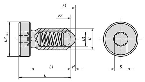 Federndes Druckstück Standard Federkraft, mit Kopf, D=M04 L=13, Autom.Stahl, Komp: Kugel aus Stahl - K0336.04 - erhältlich bei ♡ HUG Technik ✓
