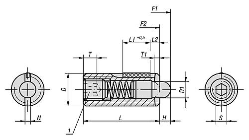 Federndes Druckstück Standard Federkraft M05 L=18 Edelstahl, LONG-LOK, Komp: Bolzen aus POM - K0330.05 - bei HUG Technik ✭