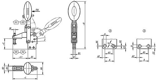 Zeichnung Schnellspanner Standard, Fuß senkrecht, Edelstahl, Komp: Polyamid Komp: rot RAL3020, M=M05x25 - K0663.105003 - bei HUG Technik ✭