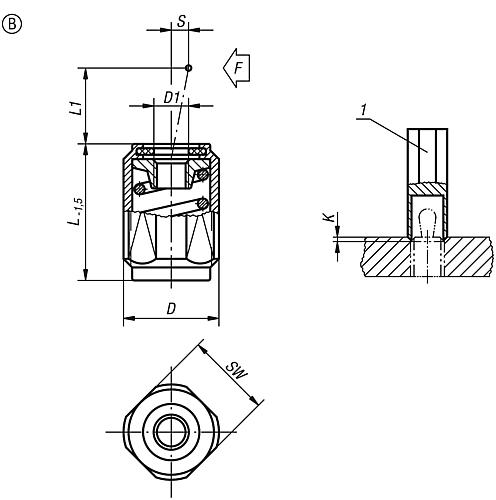 Federndes Seitendruckstück mit Gewindehülse D=M12 L=11,5, Form: B Stahl, ohne Druckbolzen Komp: Stahl - K0372.2020X12 - bei HUG Technik ✭