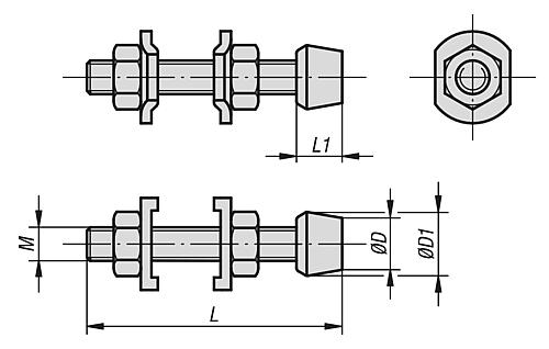 Zeichnung Andruckspindel mit Druckstück Stahl, Komp: Neopren - K0103.04032 - gibt’s bei HUG Technik ✓
