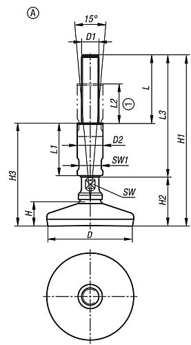 Stellfuß für Hygienebereich M16, Form:A Edelstahl, D=100 - K1303.110016X140 - gibt’s bei HUG Technik ✓