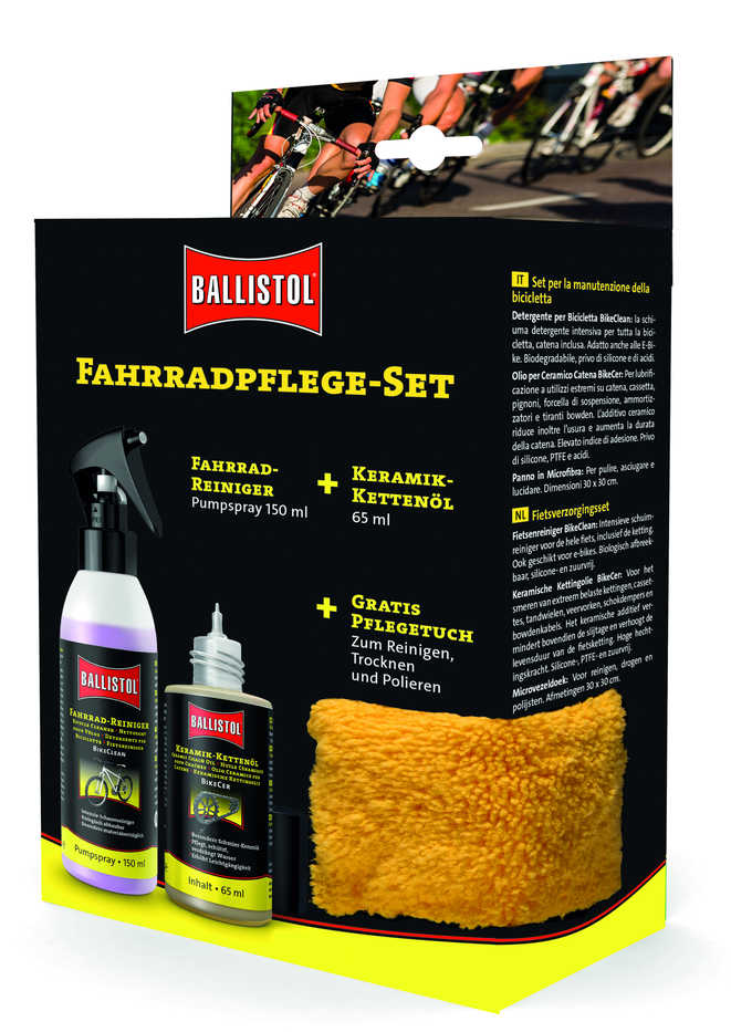 Ballistol® Fahrradpflege-Set, BikeCer 65 ml + BikeClean 150 ml + Mikrofasertuch, 30 x 30 cm - bekommst Du bei ★ HUG Technik ✓