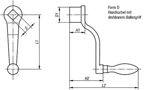 Handkurbel gekröpft L2=109, Form:D Grauguss, drehbar, Komp:Grauguss, S=10 +0,2 L1=80 - K0684.208X10 - bei HUG Technik ✭