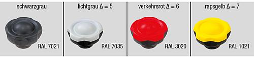 Fünfsterngriff M08 Thermoplast, schwarz RAL7021, Komp: Edelstahl, Komp: gelb RAL1021, D=50 - K0255.500817 - bei HUG Technik ✭