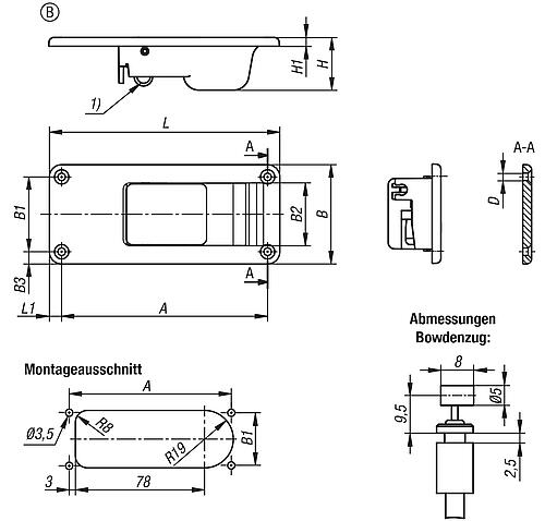 Zeichnung Auslöser ohne Schloss, Form: B Montage vorne, Zink schwarz pulverbeschichtet, Komp: Zink schwarz pulverbeschichtet - K1481.2001114511 - gibt’s bei HUG Technik ✓